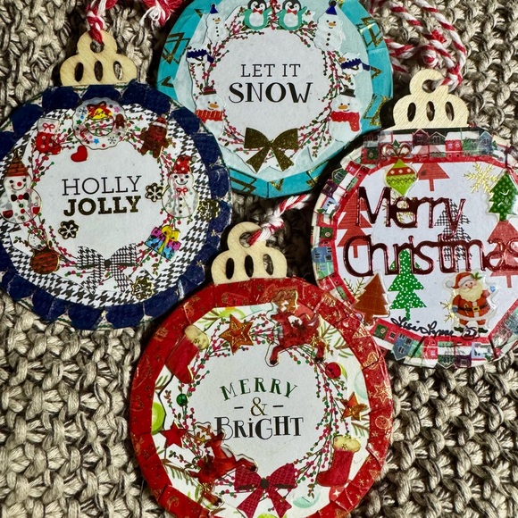 A set of 4 new unique handmade 3x3” wooden Christmas tree hanging ornaments $40 - Picture 13 of 13